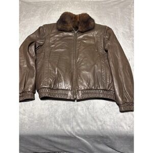 Alan Michaels Jacket Mens Brown Leather Bomber Aviator Possum Fur Collar Lined